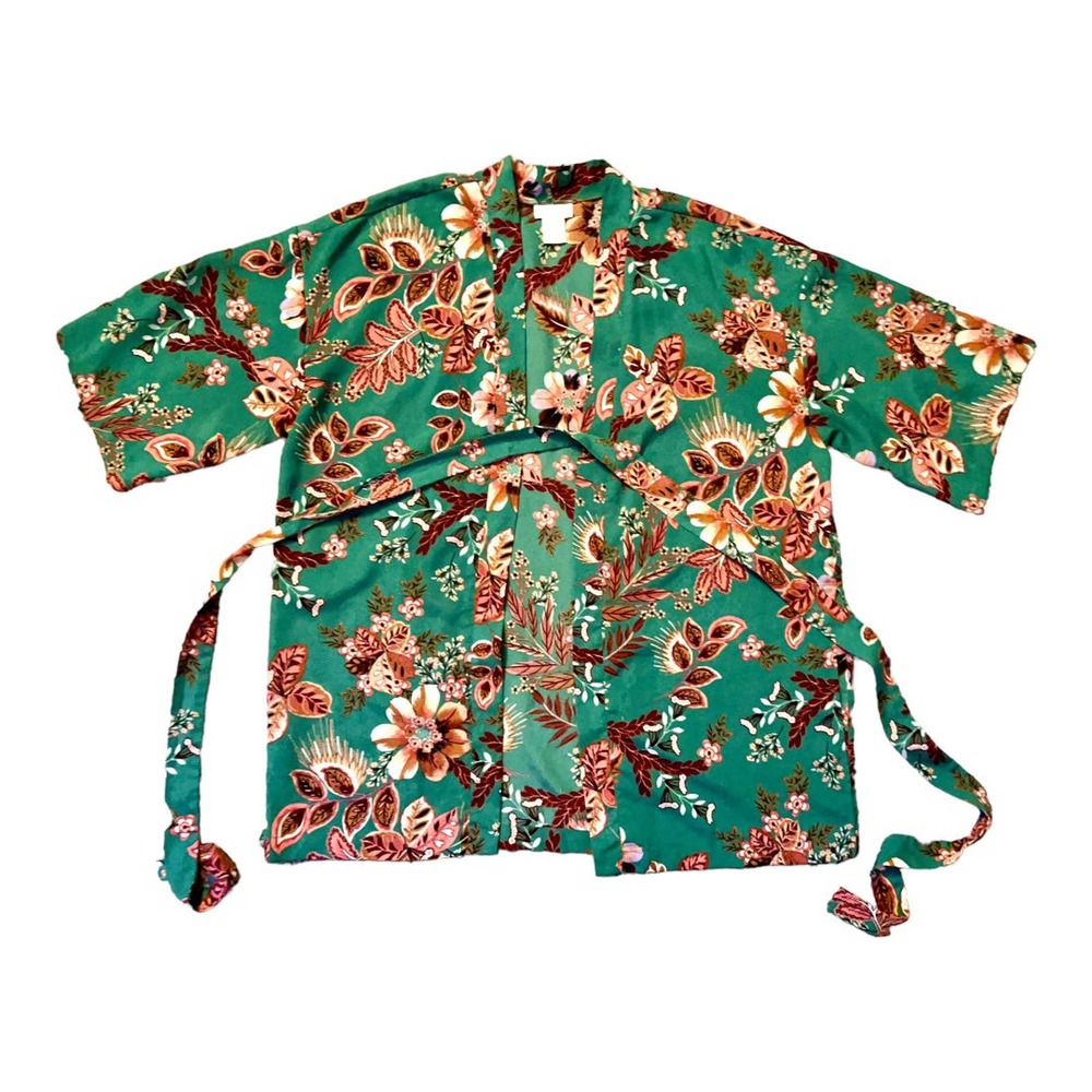 New York & Company Green Floral Kimono Wrap Top